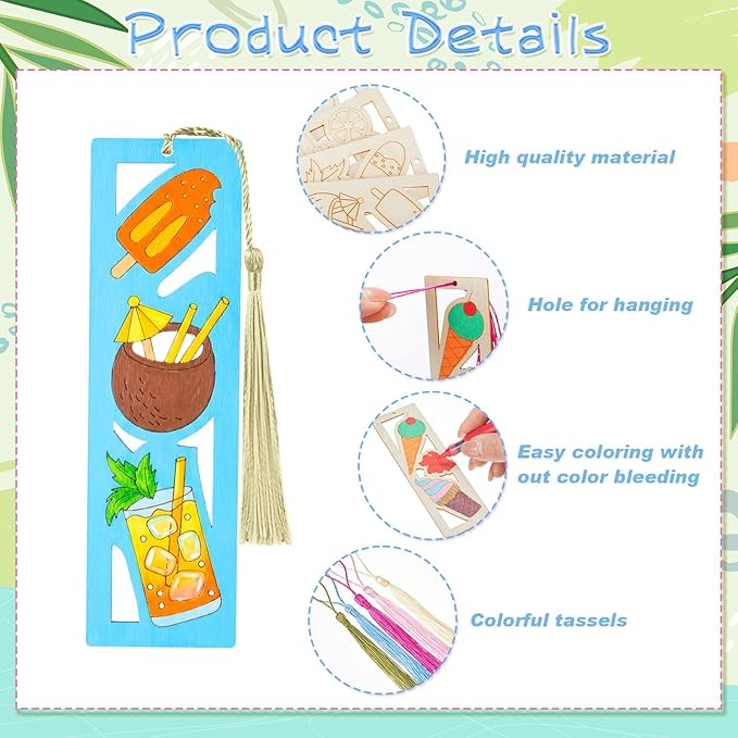 Yexiya 100 Pcs Bulk Summer Ice Cream DIY Bookmarks Kit - 50 Set Unfinished Wood Crafts with Tassels for Classroom Rewards, Student End of Year Gifts, Summer Camp & Luau Party Favors