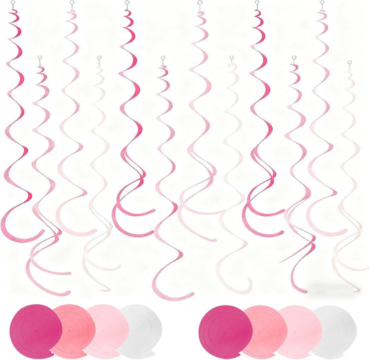 48 Pcs Pink Hanging Swirl Party Decorations Hot Pink Felt Ceiling Spiral Streamers with Hooks for Birthday Bachelorette Wedding Bridal Shower Engagement Party Swirl Decorations