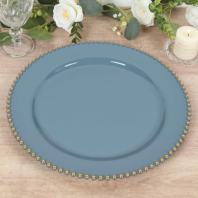 Efavormart 10-Pack Economy Plastic Charger Plates 13" Round Dusty Blue with Gold Beaded Rim - Stylish Dinner Party Serving Plates