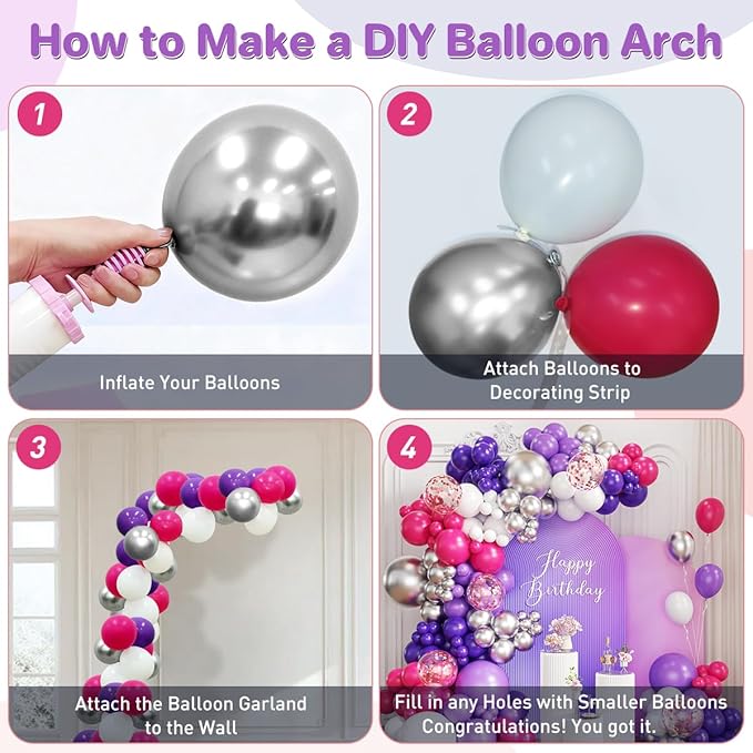 Hot Pink Purple White Silver Balloon Garland Arch Kit, 167Pcs Latex Balloons Different Sizes 18 12 10 5 inch for Women Princess Girl Birthday Bridal Baby Shower Party Decoration