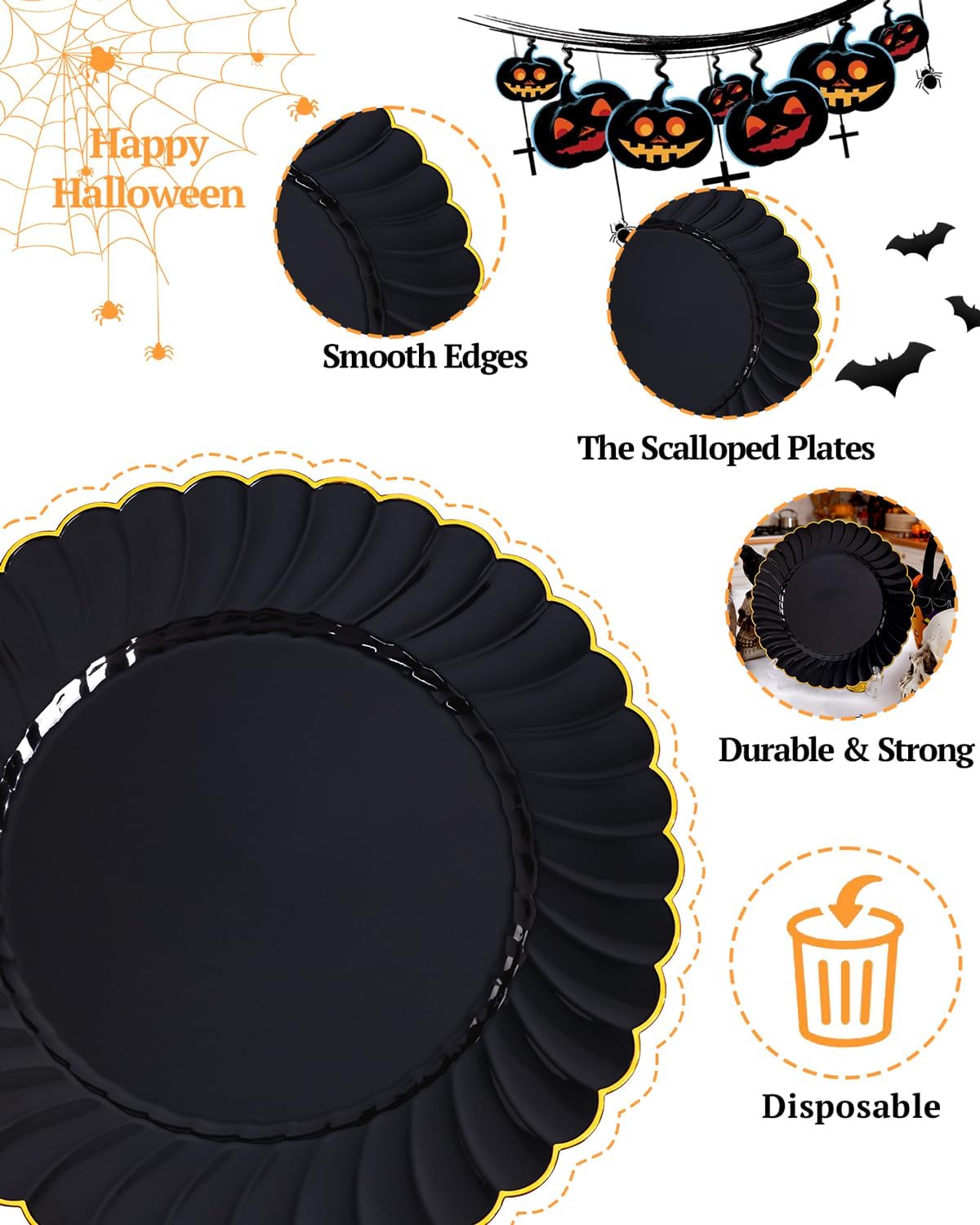 YOUBET 60PCS Black Scalloped Plastic Plates - Black and Gold Disposable Plates include 30 Gold Dinner Plate, 30 Dessert Plate for Party & Wedding