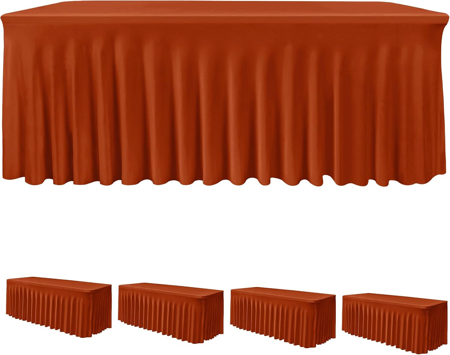 HolidayIdeas 4 Pack Spandex Table Skirt for 8 Foot Rectangle Table, Bulk Fitted Stretch 30x96 Inch Cover for Trade Shows, Buffet Parties, Rust