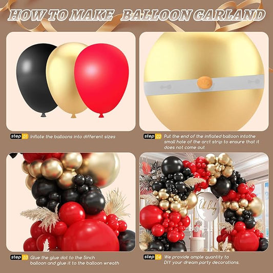 412Pcs Red Black Gold Balloons Arch kit,18 12 10 5 Inch Different Size Latex Balloons for Anniversary Casino Night Hollywood New Years Movie Night Birthday Decorations
