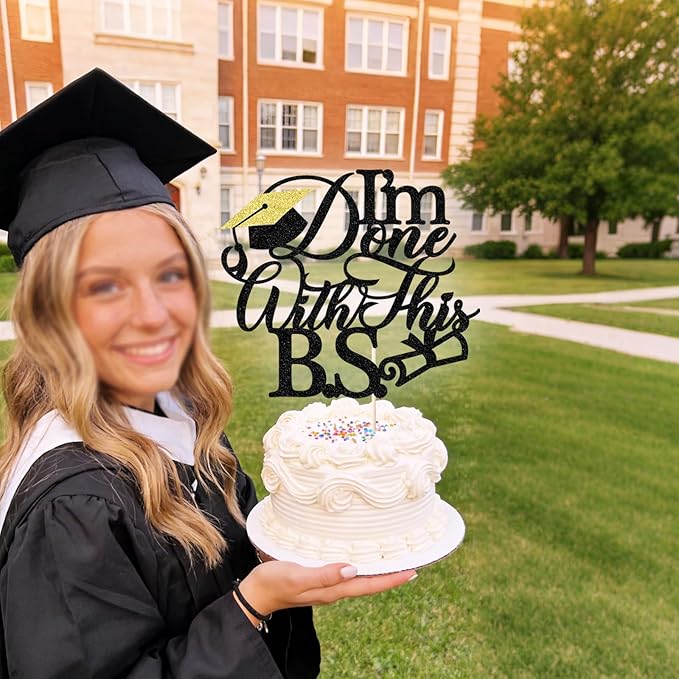 1Pcs I'm Done with This B.S. Cake Topper, Congrats Grad Class of 2026 Cake Topper, Bachelor of Science,Funny Congrats Grad Party Decorations Supplies(black)
