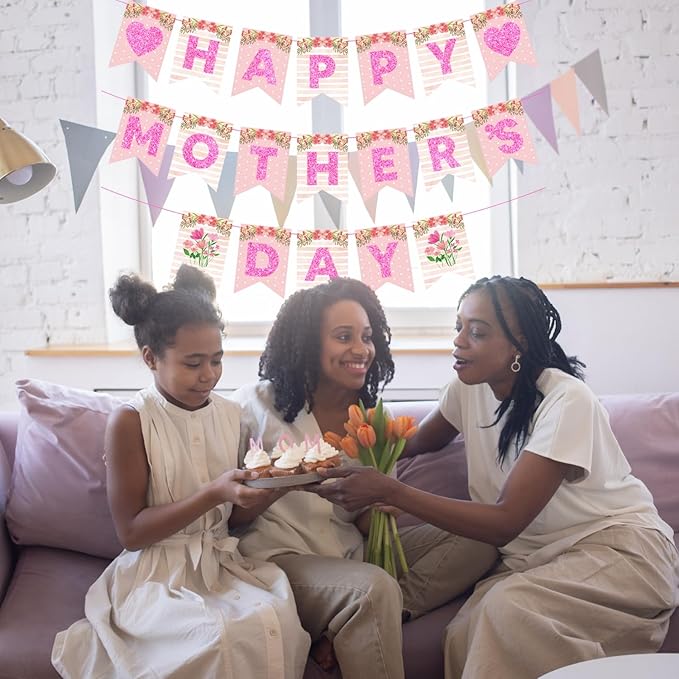 Happy Mother's Day Banner Set Decoration for Mother's Day Party Decorations Backdrop Garland for Mom Glitter Garland Photo Props (Pink Flower Heart)