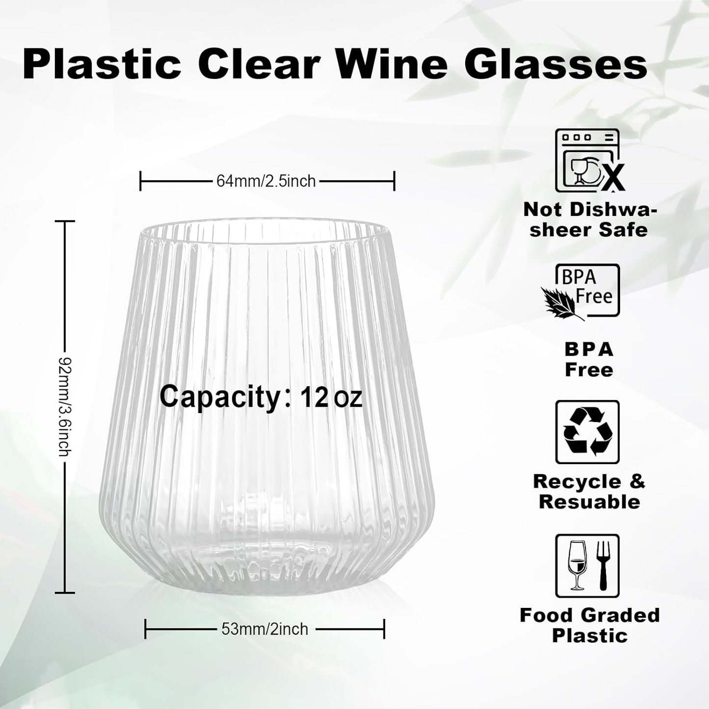 36 Pcs 12 oz Plastic Clear Ribbed Wine Glasses, Disposable & Reusable Champagne Glasses Elegant Whiskey Glasses Ideal for Weddings, Bars, Christmas, Halloween, Holidays, Pool Party, Daily Use