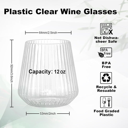 72 Pcs 12 oz Plastic Clear Ribbed Wine Glasses, Disposable & Reusable Champagne Glasses Elegant Whiskey Glasses Ideal for Weddings, Bars, Christmas, Halloween, Holidays, Pool Party, Daily Use