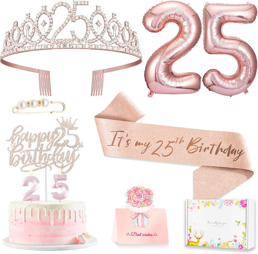 25th Birthday Decorations Gifts for Women, Including 25 year old Cake Topper, Queen Sash with Pearl Pin, Sweet Rhinestone Tiara Crown, Number Candles and Balloons Set, Rose Gold