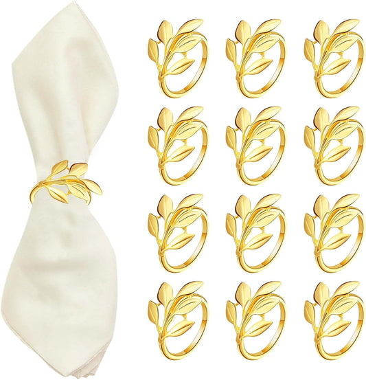 Napkin Rings Set of 12 - Gold Semicircle Metal Leaf Fall Thanksgiving Christmas Napkin Rings, Napkin Holder for Thanksgiving Dinner Table Decor Wedding Kitchen Banquet Holiday Everyday Party