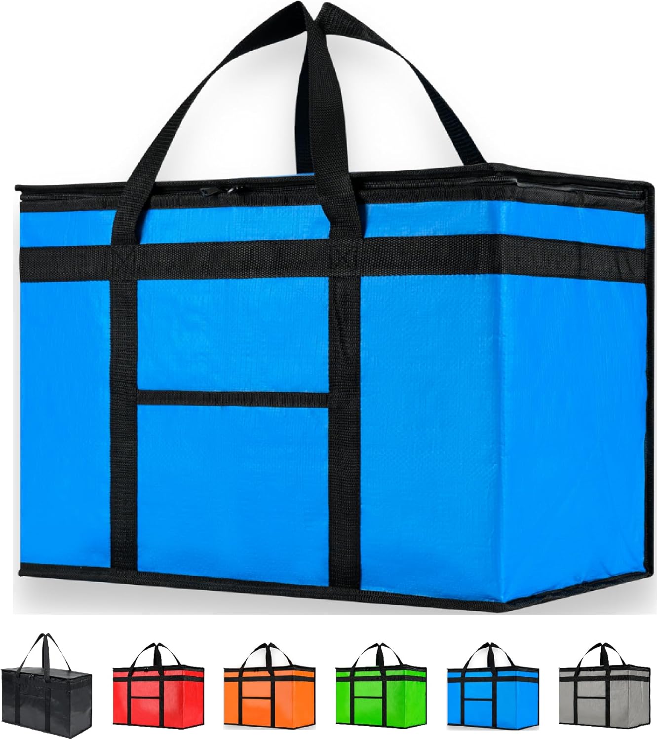 Durable XXL PRO Insulated Cooler Bag and Food Warmer for Delivery & Grocery Shopping with Zippered Top, Blue Commercial Grade (1 Pack)