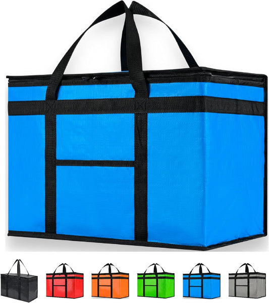 Durable XXL PRO Insulated Cooler Bag and Food Warmer for Delivery & Grocery Shopping with Zippered Top, Blue Commercial Grade (1 Pack)
