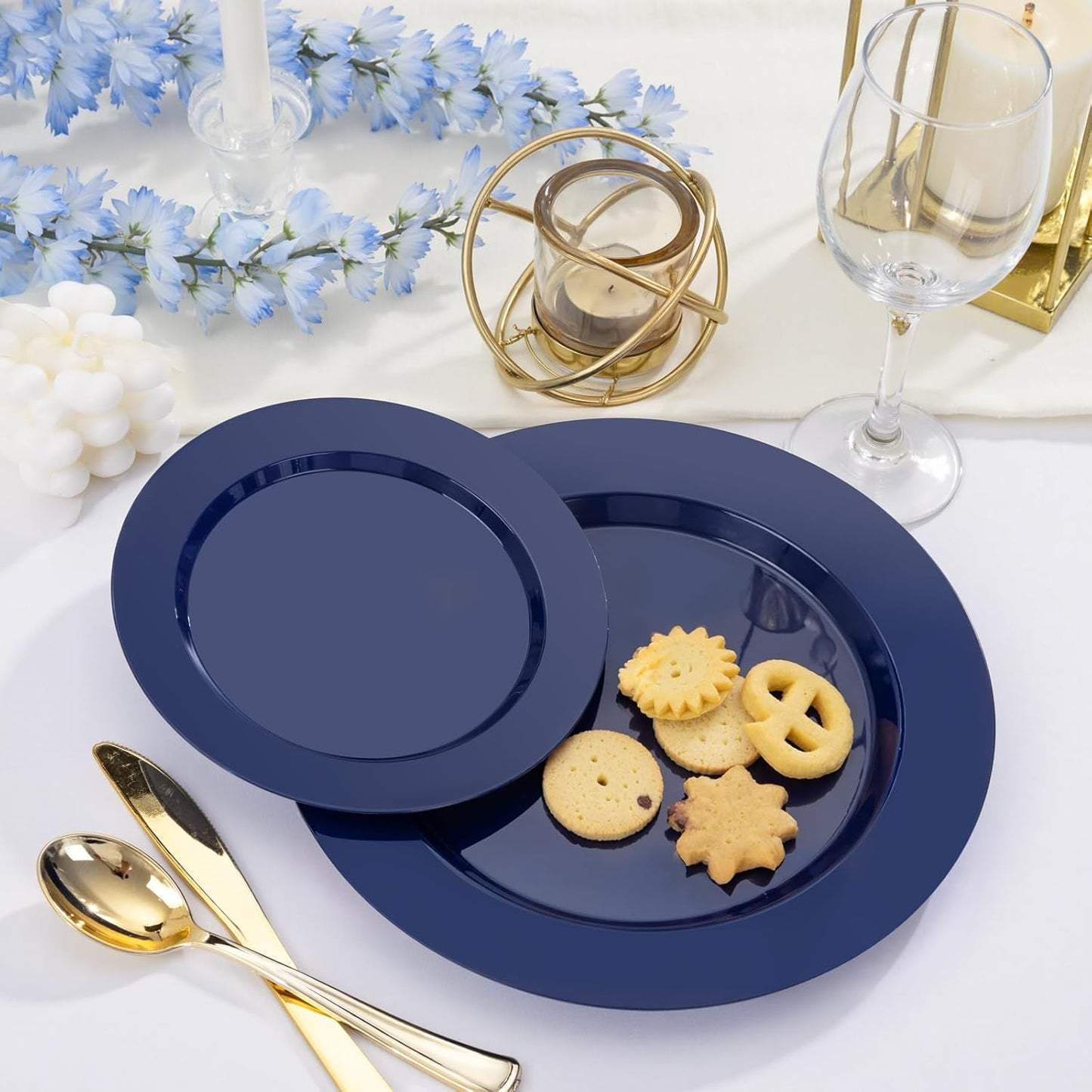 FLOWERCAT 200PCS Navy Blue Plastic Plates Disposable Plates for Party - Heavy Duty Plastic Plates - 10" &7" Plate for 100 Guests Halloween Parties and Events