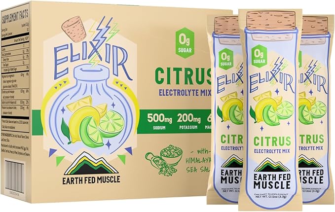 Earth Fed Muscle Elixir Citrus Electrolytes Powder Packets – Sugar-Free Electrolytes, Gluten Free, Zero Calorie Hydration Drink Mix with Himalayan Salt, 3X Electrolytes - 30 Sticks