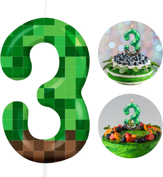 TNT Themed Birthday Cake Candle Number 3 Dynamite Themed Green Candle Cake Topper for Pixel Theme Birthday Party Decoration