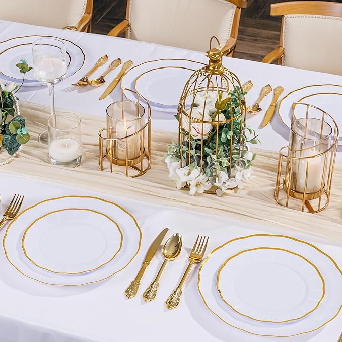 supernal 60 pcs White and Gold Plastic Plates for Party Fancy Elegant Scalloped Plates Heavy Duty Bridal Shower Plate Wedding Disposable Dinnerware Included 30 Gold Dessert Plate and 30 Dinner Plate