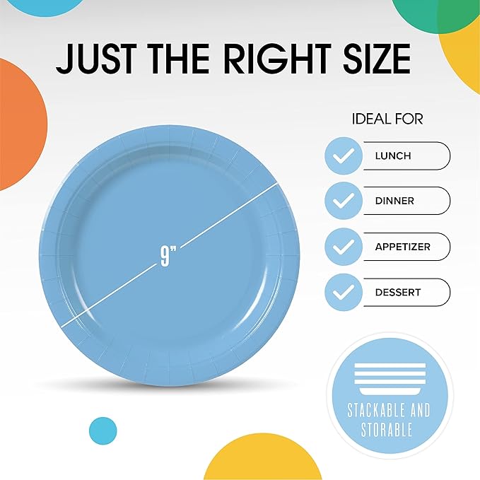 Exquisite Party Solids Light Blue Paper Plates Disposable Heavy Duty 9 Inch Light Blue Disposable Plates For Party 100 Pcs Heavy Duty 350 GSM, Birthday Supplies