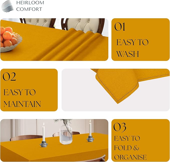 Mustard Yellow Cotton Tablecloth, Table Cloth 52x70 Inch, Fits 4-6 Seats, Soft, Durable, Washable, Wrinkle Resistant, Rectangle Table Cover for Dining, Summer, Festive Meals, Decor
