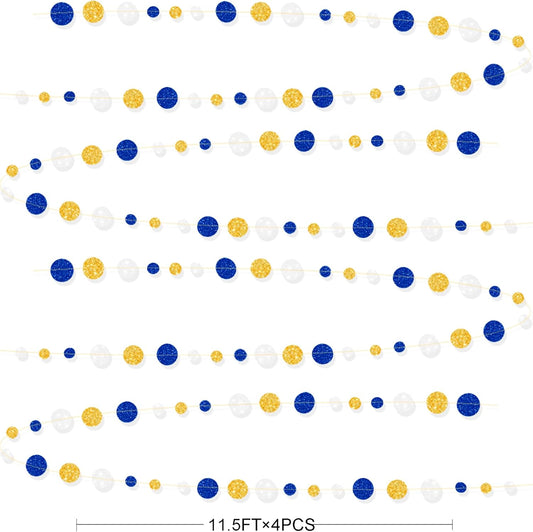 Royal Blue Gold White Party Polka Dot Garland Dark Blue Glitter Gold White Hanging Paper Circle Dots Streamer for Birthday Graduation Baby Shower Wedding Retirement Nautical Party Decorations Supplies