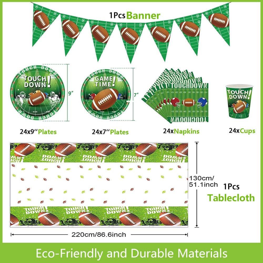 Football Party Decorations Supplies Set for 24 People, Includes 48 Dinner Plate, 24 Cup, 24 Napkin, 1 Tablecloth, 1 Pennant, Perfect for Super Bowl Game Day Birthday Party(98 Pcs)