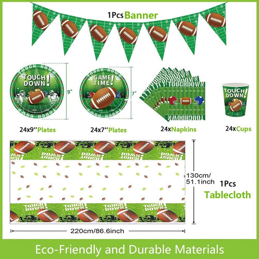 Football Party Decorations Supplies Set for 24 People, Includes 48 Dinner Plate, 24 Cup, 24 Napkin, 1 Tablecloth, 1 Pennant, Perfect for Super Bowl Game Day Birthday Party(98 Pcs)