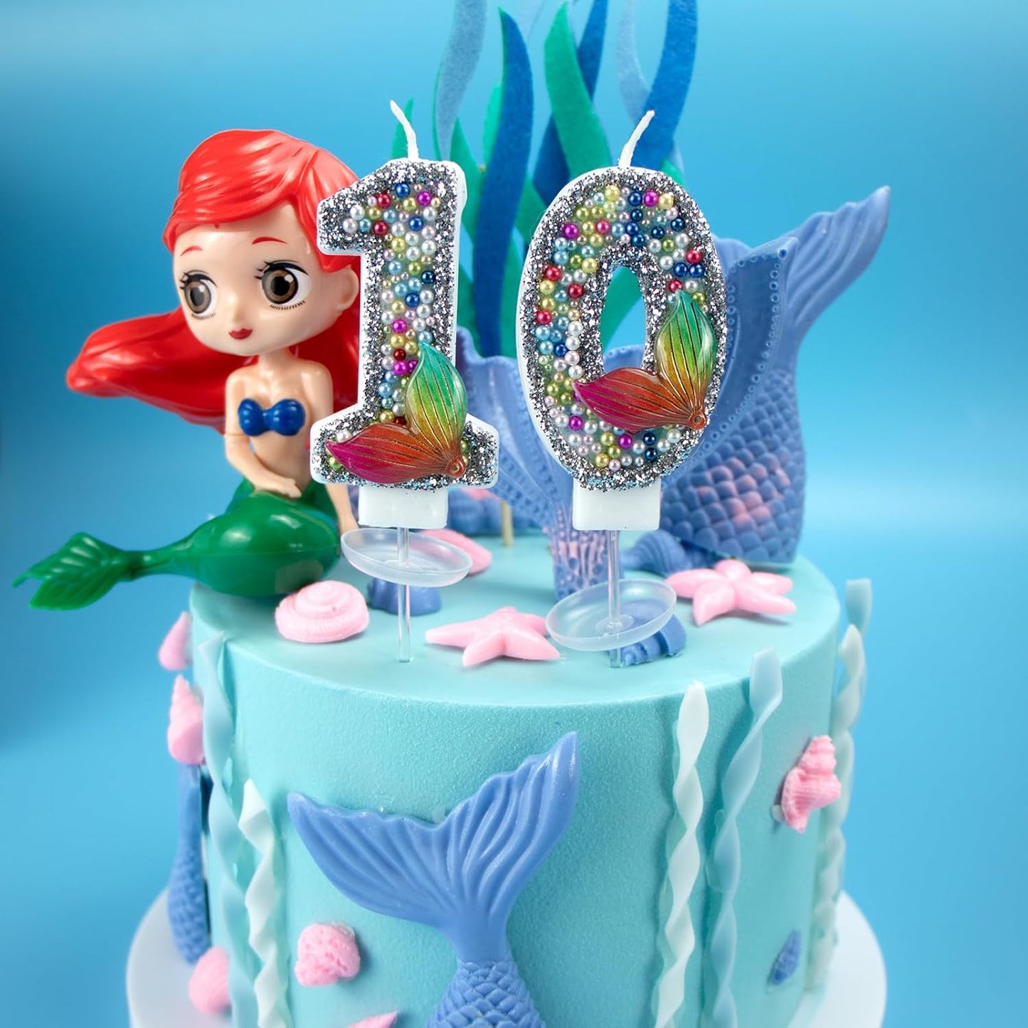 Mermaid Number 2 Candles, Red Blue Mermaid Birthday Candles Little Mermaid Theme Party Decorations for Cake Topper Anniversary Celebrations Supplies（Number 2）