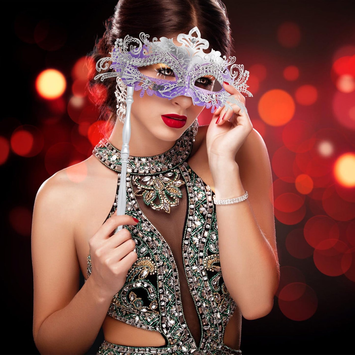 Coddsmz Masquerade Mask with Stick Venetian Mask Mardi Gras Decorations for Womens Halloween Costume Mask