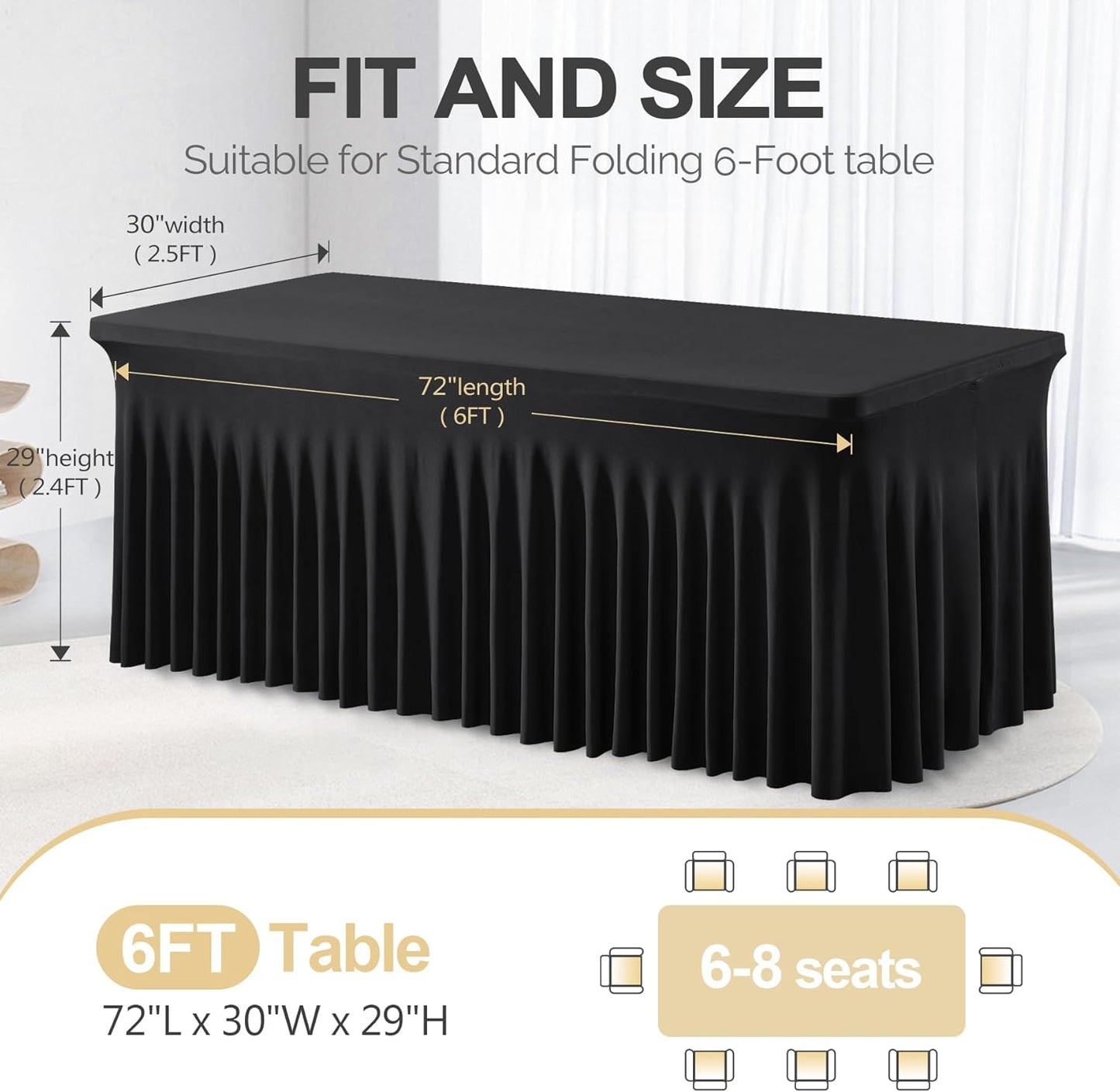 PARTISKY Black Spandex Tablecloth for 6ft Rectangle Tables, Stretchable Table Cover Skirt for Folding Tables Weddings Parties Banquets Events Trade Shows and Dessert Table