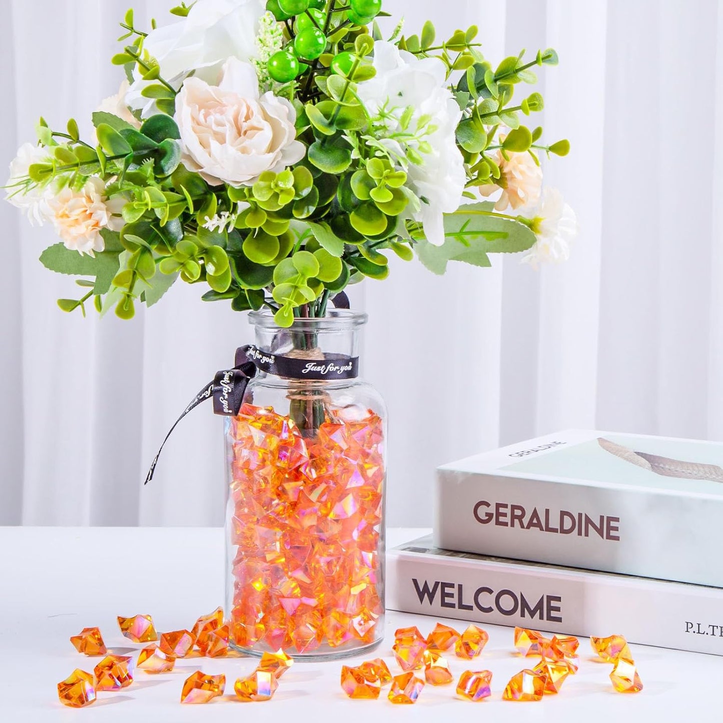 DomeStar 180PCS Fake Ice, Dazzling Orange Acrylic Fake Diamonds, Vase Filler, Sparkling Plastic Gems for DIY Craft Table Scatter Wedding Party Burnt Orange Decoration