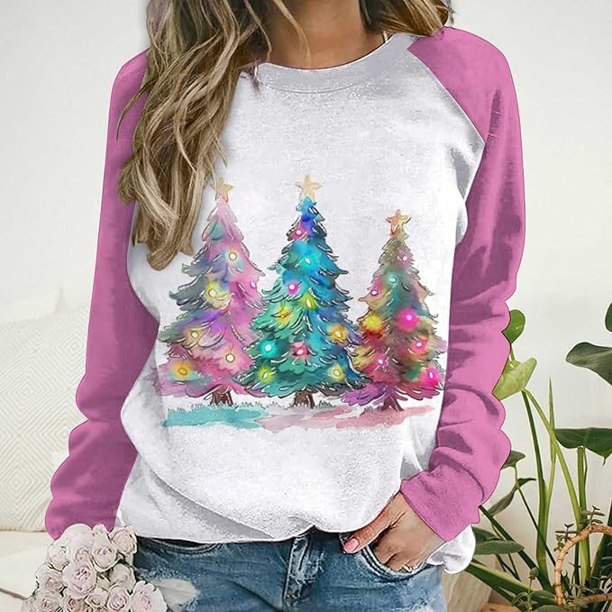 LOAIHA Christmas Sweatshirts for Women Christmas Tree Graphic Shirt Xmas Long Sleeve Merry Christmas Pullover Blouse