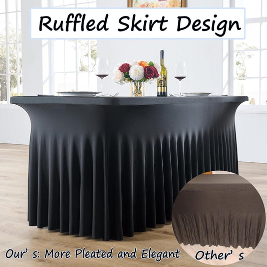 12 pk Black Spandex Tablecloth 6ft with Ruffled Skirt,Wrinkle Free High Stretch Fitted Tablecloths for 6 Foot Rectangle Tables,Pleated Elastic Spandex Table Covers 6 ft for Parties Wedding Banquet