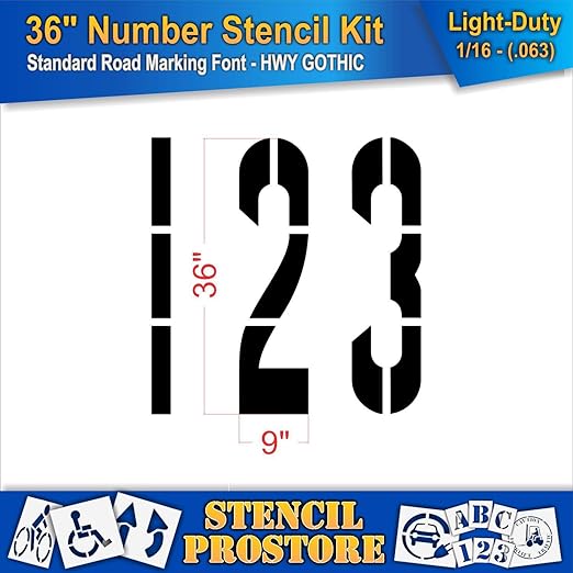 Pavement Stencils - 36 inch Number KIT Stencil Set - (12 Piece) - 36" x 9" x 1/16" (63 mil) - Light-Duty