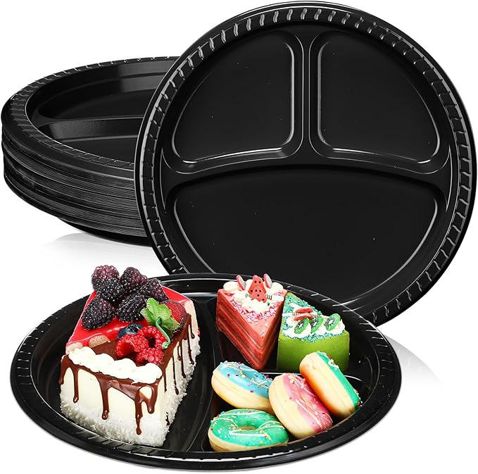 50 Pcs 10 Inch Plastic 3 Compartment Divided Plates Heavy Disposable Plates Duty Round Dinner Plates with Dividers for Wedding Birthday Party Dinnerware(Black)