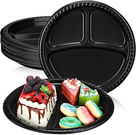 50 Pcs 10 Inch Plastic 3 Compartment Divided Plates Heavy Disposable Plates Duty Round Dinner Plates with Dividers for Wedding Birthday Party Dinnerware(Black)