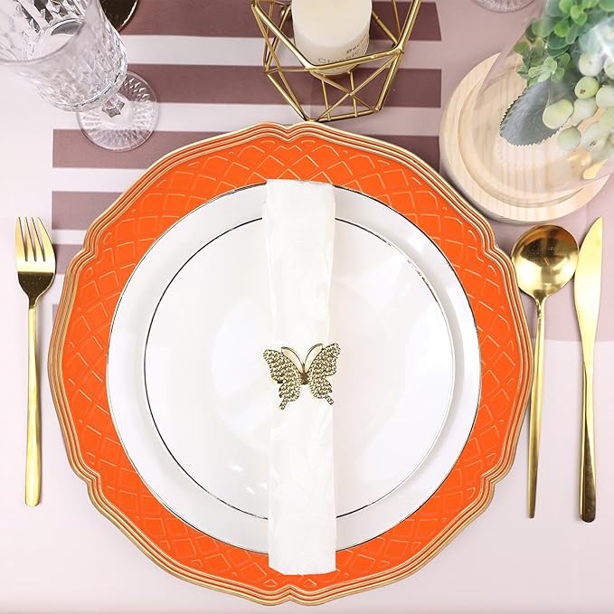 Orange Scallop Charger Plates, Set of 6 Plastic Wedding Bulk Plate Charges for Dinner Plates, Table Decoration, Holiday, Thanksgiving, Christmas.