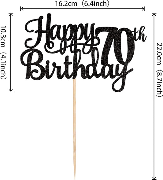 1 PCS Happy 70th Birthday Cake Topper Glitter Cheers to 70 Years Birthday Cake Pick Seventy 70 Fabulous Cake Decoration for Happy 70th Birthday Theme Party Decorations Supplies Black