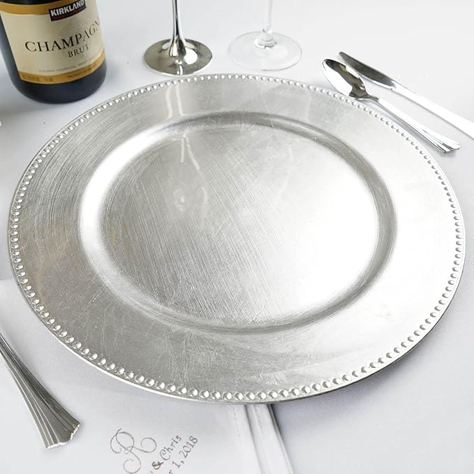 Efavormart 6 pcs 13" Metallic Silver Beaded Round Charger Plates for Tabletop Decor Holiday Decoration