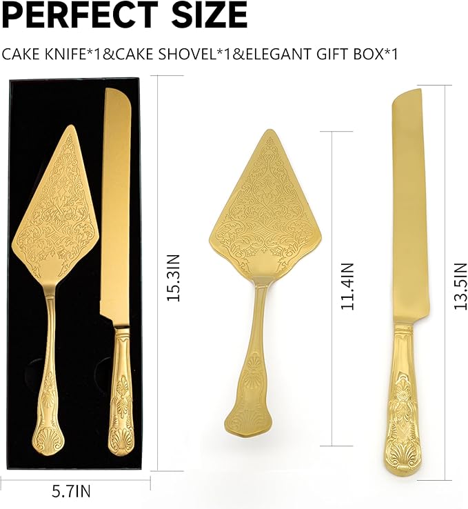 GURUDAR Vintage Wedding Cake Knife and Server Set, Stainless Steel Cake Pie Pastry Cutting Knife & Serving Spatula Set, Premium Party Supplies for Wedding, Birthday, Anniversary & Events, Gold