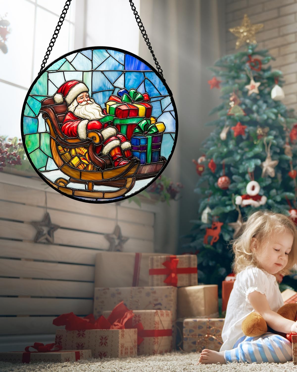 Stained Glass Window Hanging - Santa Claus Gift BoxSuncatcher for Doors Home Christmas Decoration Winter Sun Catcher Thanksgiving New Year Birthday Gift for Women Men Mom Nana 6.3 in