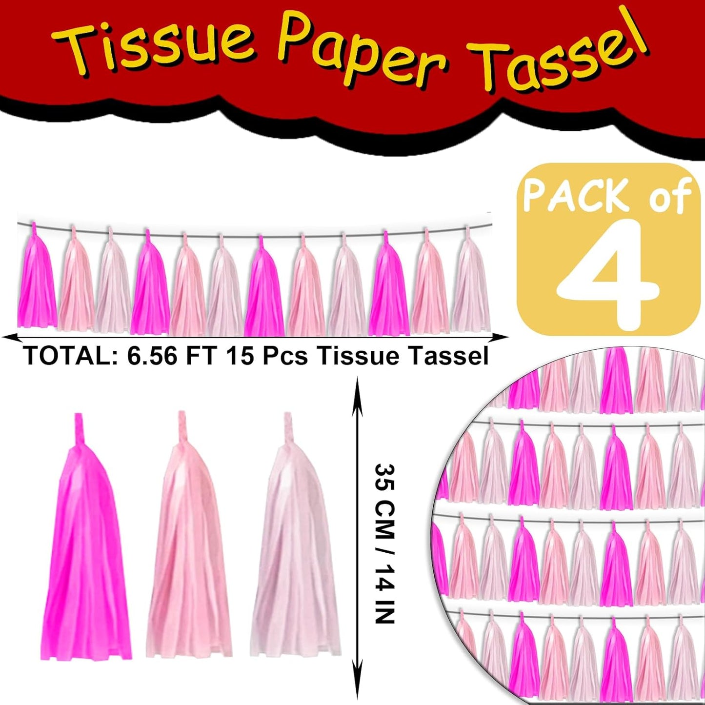 4P Maca-Rose Red Pink LightPink Tassel Banner Garland Foil Fringe Banner Tinsel Banner Backdrop for Parade Floats, Wall Hanging Curtain Parade Floats, Graduation Decorations, Wedding Party Decoration