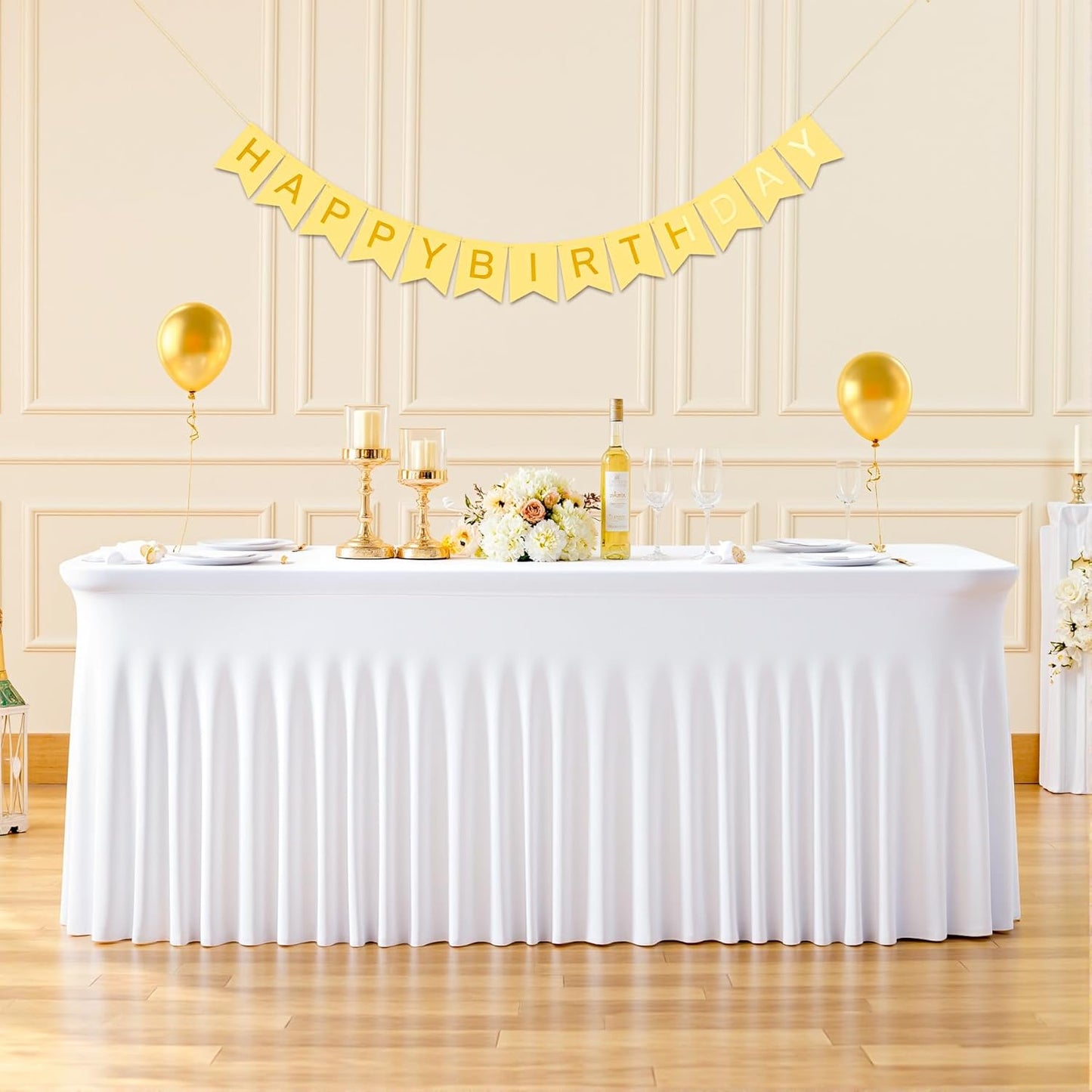Suppromo 8ft White Spandex Tablecloths for Rectangle Tables Wrinkle Free White Rectangle Table Cloth, Stretch Fitted Table Cover with Skirt for Wedding Birthday Party Banquet Baby Shower Buffet Event