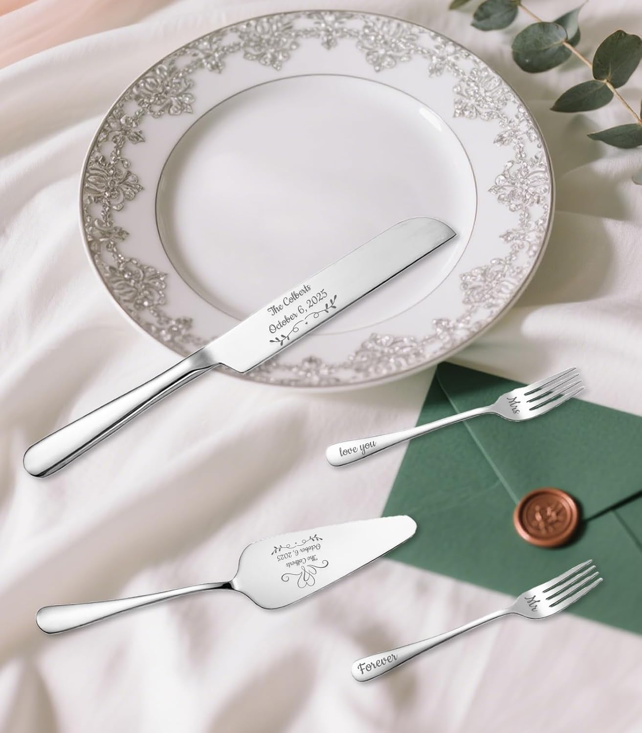 HJX Personalized Wedding Cake Knife and Server Set, Custom Names Cake Cutting Set, Customized Knife and Cake Server Set Gift for Bridal Anniversary Birthday Wedding Registry (Silver)