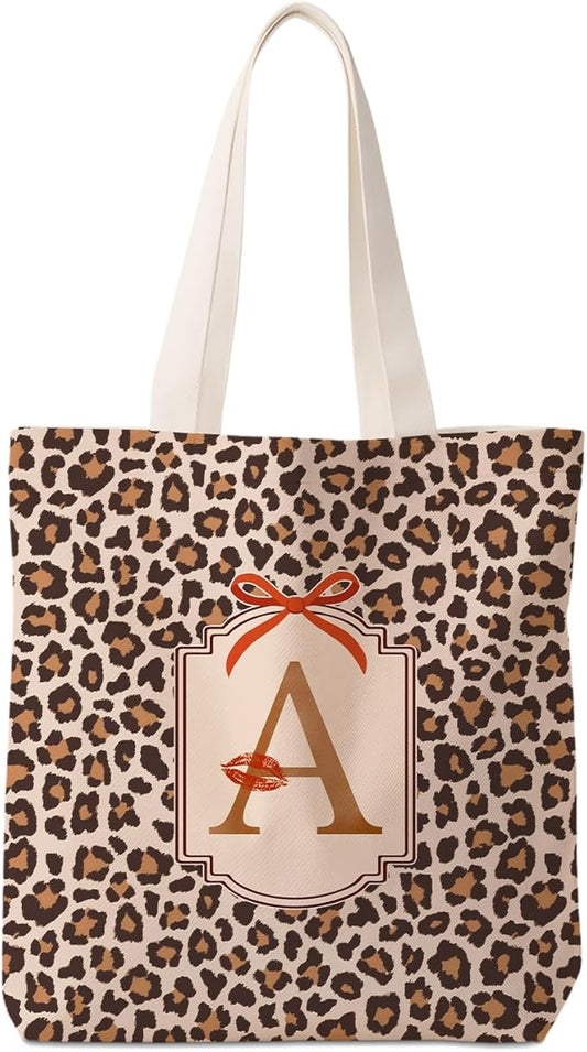 Coquette Leopard Print Letter A Tote Bag for Women,Trendy Cheetah Print Canvas Tote Bag for Girls,Red Bow Letter A Leopard Aesthetic Reusable Shopping Grocery Bags Party Favors