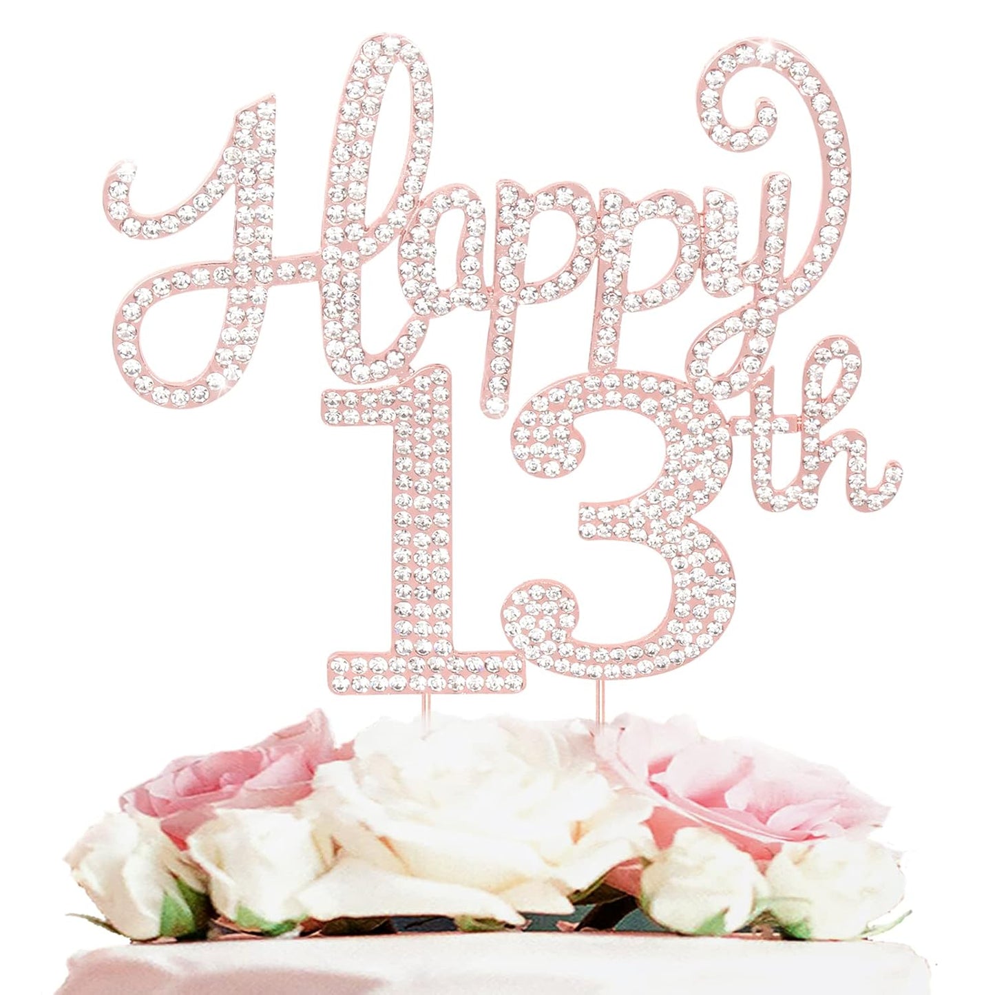 LASKYER Happy 13th Birthday Rose Gold Rhinestone Cake Topper - 13th Birthday/Anniversary,Cheers to Thirteen Years Old Bday Party Metal Sparkly Centerpieces Decorations.