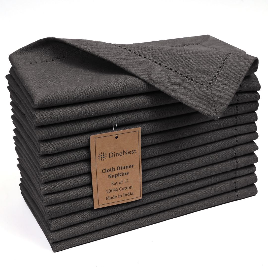 Hemstitch Cloth Dinner Napkins 100% Cotton Set of 12 - for Dining Special Occasions Weddings Parties Holidays Easter - Soft Durable Washable - 18x18 Inch Table Cloth Napkins Charcoal Grey
