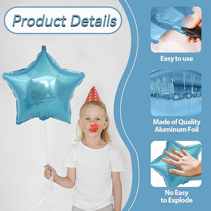 Blue Silver Star Foil Balloons, 10PCS Blue and Silver Foil Stars Shape Balloons, 18 Inch Metallic Stars Balloon for Helium Pentagram Balloon for Boys Men Birthday, Anniversary Party Decorations