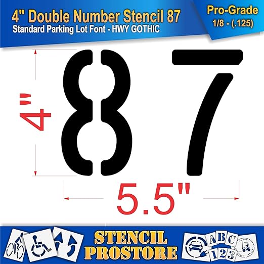Pavement, Curb, and WheelStop Stencils - 4 inch Double Number Stencil - (87) - 4" x 5.5" x 1/8" (128 mil) - Pro-Grade