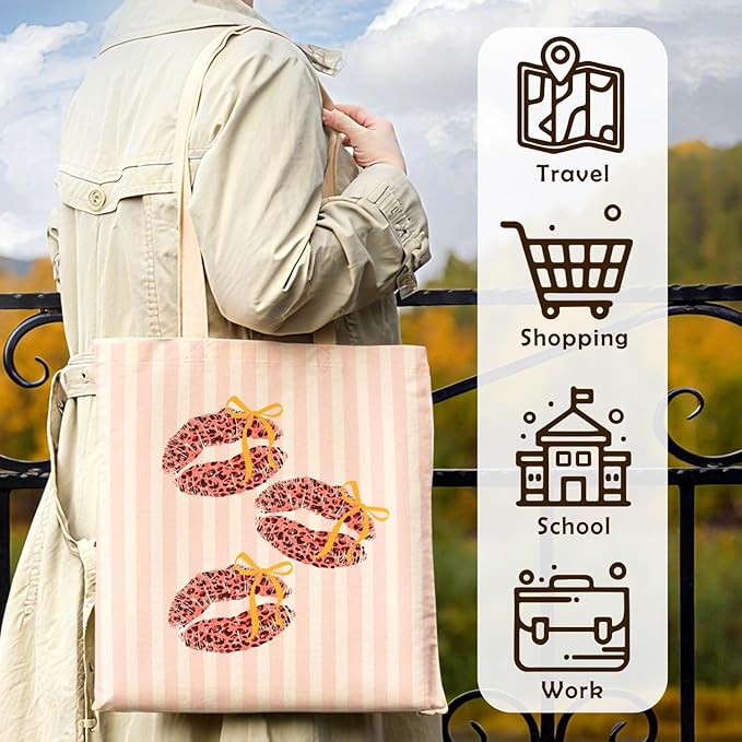 Coquette Bow Red Leopard Lip Tote Bag for Women,Trendy Cheetah Print Canvas Tote Bag for Girls,Girly Leopard Lip Print Aesthetic Reusable Shopping Grocery Bags Party Favors