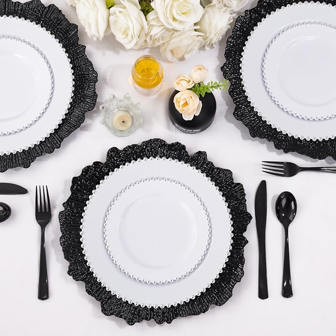 EI 50pcs Black Charger Plates With Reef High-end,13 Inch Black Chargers Heavy duty for Dinner Plates,Decorative Plate for Afternoon Tea,Wedding,Events,Business Events,Hotel Banquets