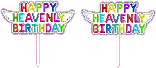Original Heavenly Birthday Cake Topper - Colorful "Happy Heavenly Birthday" with Angel Wings - 2 Pack Memorial