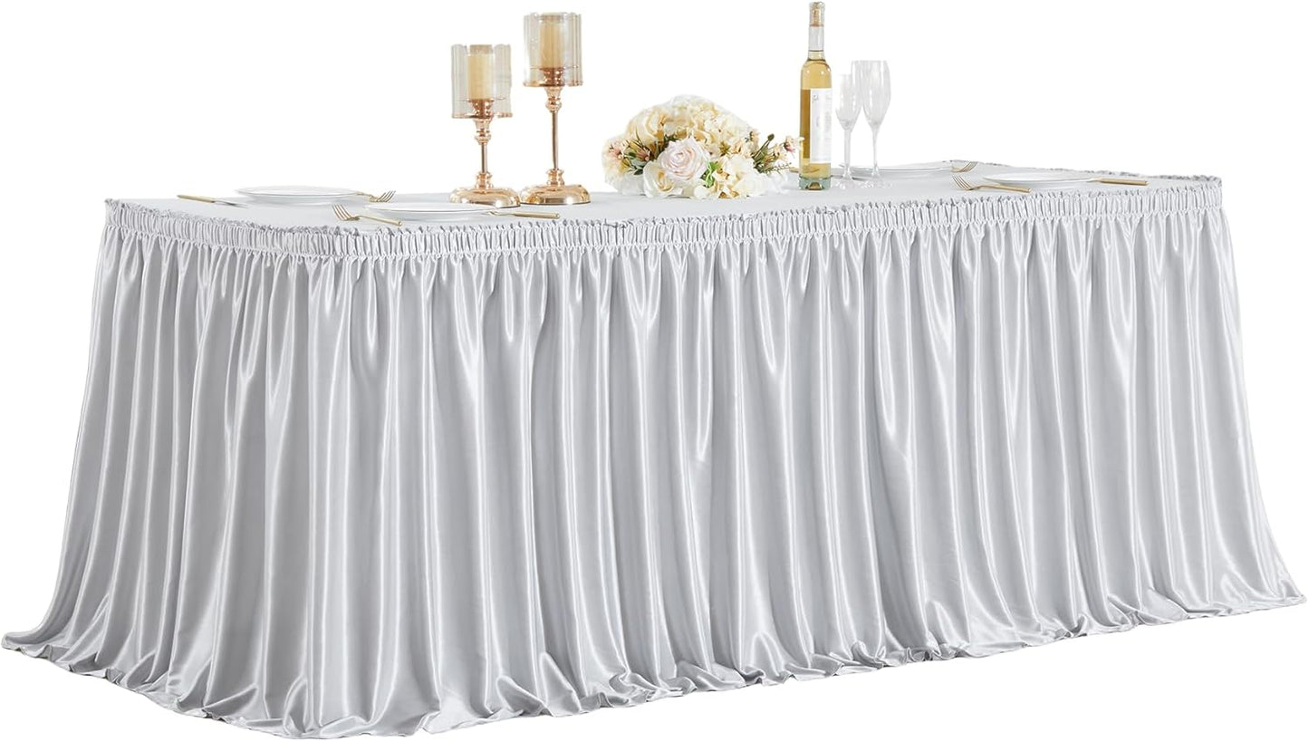 Wish Care 6ft Silver Satin Table Skirt for Rectangle Tables Wrinkle Free Glitter Desk Skirts Pleated Ruffle Table Cloth for Wedding Birthday Baby Shower Party Banquet Cake Teacher Table Decorations